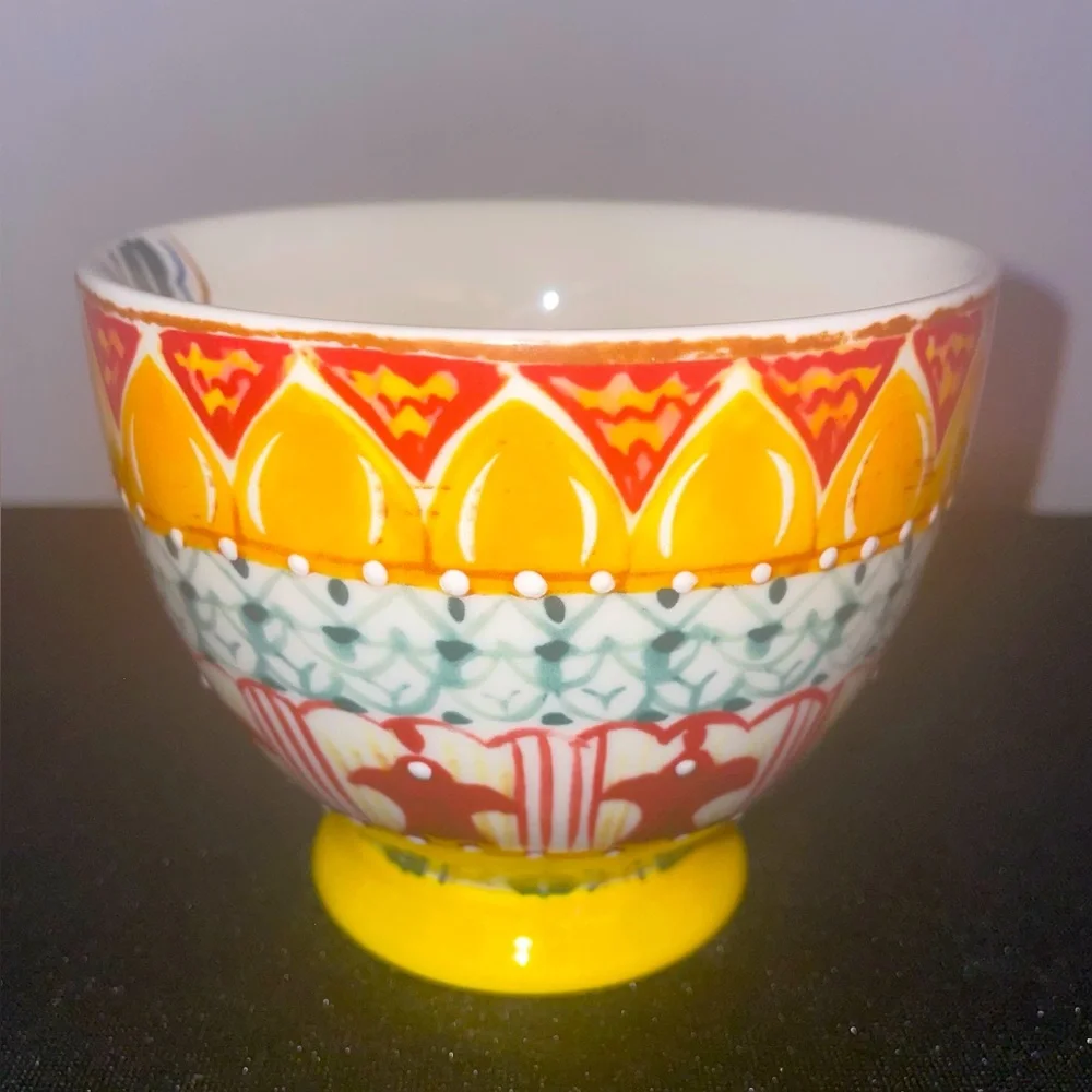 Bohemian 12 oz Coffee Tea Cup Footed BOHO Yellow Green White Blue NWOT MINT